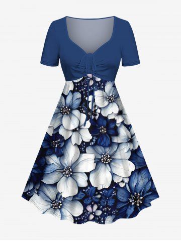 Plus Size Flowers Print Cinched Hawaii Dress - BLUE - XXS