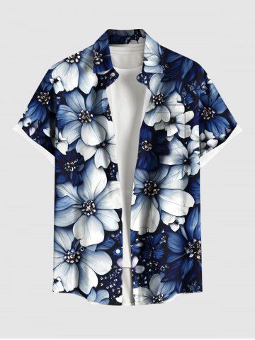 Plus Size Flowers Print Buttons Pocket Hawaii Shirt For Men - BLUE - 5XL