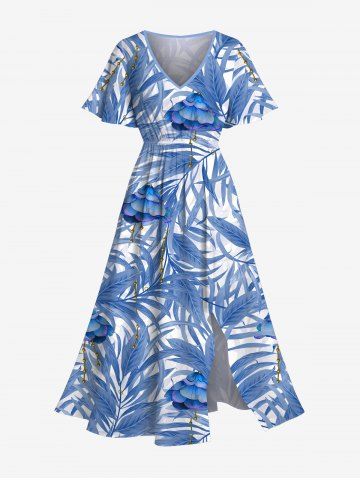Plus Size Tropical Leaf Flowers Print Split Hawaii Midi Dress - SKY BLUE - 6X
