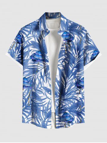 Plus Size Tropical Leaf Flowers Print Buttons Pocket Hawaii Shirt For Men - BLUE - S