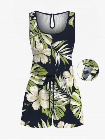 Plus Size Tropical Leaf Hibiscus Flower Print Hawaii Drawstring Pocket Romper - BLACK - XXS