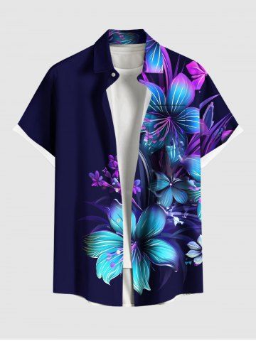 Plus Size Hibiscus Flower Leaf Branch Print Hawaii Button Pocket Shirt For Men - BLACK - 6XL