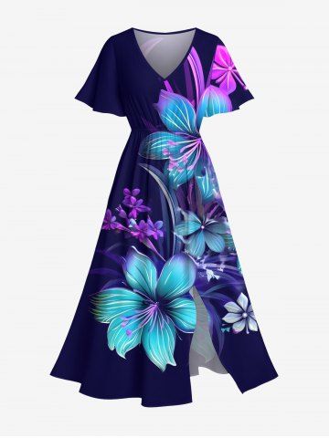 Plus Size Hibiscus Flower Leaf Branch Print Hawaii Split Pocket A Line Midi Dress - DEEP BLUE - 4X