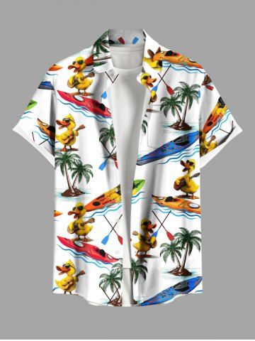 Plus Size Coconut Tree Duck Sailboat Sea Print Hawaii Button Pocket Shirt For Men - WHITE - 2XL