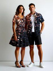 Glitter Galaxy Sequins Print Plus Size Matching Hawaii Beach Outfit For Couples -  