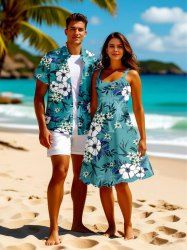Flowers Leaf Coconut Tree Print Plus Size Matching Hawaii Beach Outfit For Couples -  