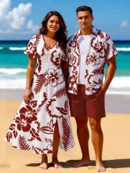 Tenue de plage hawaïenne assortie grande taille à imprimé feuilles tropicales et fleurs d'hibiscus pour couples - Blanc 