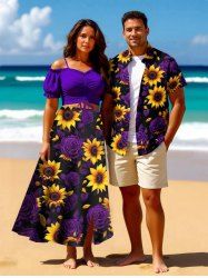 Tenue de plage hawaïenne assortie grande taille à imprimé tournesol et rose pour couples - Pourpre  