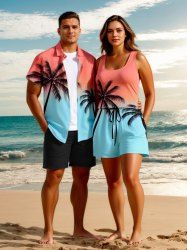 Matching Hawaii Shirt and Romper Plus Size Beach Outfit Coconut Tree Ombre Colorblock Print for Couples -  