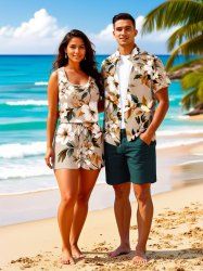 Ensemble chemise et barboteuse hawaïennes assorties, grande taille, tenue de plage à imprimé fleurs et feuilles pour couples - café lumière 