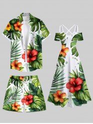 Tropical Leaf Hibiscus Flower Print Plus Size Matching Hawaii Beach Outfit For Couples -  