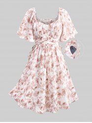 Plus Size Tie Dye Flowers Leaf Print Ruched Cinched Pockets Milkmaid Dress -  