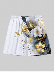 Plus Size Ink Painting Tie Dye Hibiscus Flower Print Hawaii Drawstring Pocket Beach Shorts For Men -  