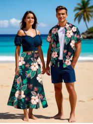 Tenue de plage hawaïenne assortie grande taille à imprimé feuilles et fleurs d'hibiscus pour couples - Noir 