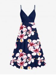 Plus Size Hibiscus Flower Print Hawaii Surplice A Line Cami Dress -  