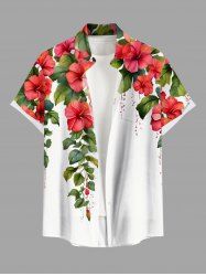 Chemise hawaïenne grande taille à imprimé feuilles tropicales, hibiscus, branches et boutons pour homme - Blanc 2XL