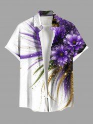 Plus Size Flower Leaf Glitter Sequins Print Hawaii Button Pocket Shirt For Men -  