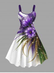 Plus Size Flower Leaf Glitter Sequins Print Hawaii A Line Tank Dress -  
