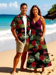 Tenue de plage hawaïenne assortie grande taille à imprimé feuilles tropicales et fleurs d'hibiscus pour couples - Rouge 