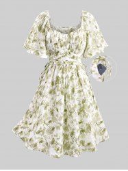 Plus Size Tie Dye Flowers Leaf Print Ruched Cinched Pockets Milkmaid Dress -  
