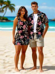 Matching Hawaii Shirt and Romper Plus Size Beach Outfit Tropical Leaf Hibiscus Flower Print For Couples -  
