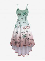 Robe camisole hawaïenne grande taille avec lunettes de soleil et parapluie, motif cocotier, vagues de la mer, imprimé ombré, taille haute et basse - Vert 6X