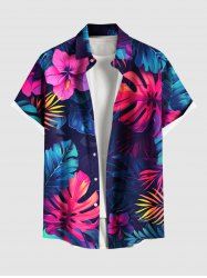 Plus Size Hibiscus Flowers Tropical Leaf Print Buttons Pocket Hawaii Shirt For Men -  