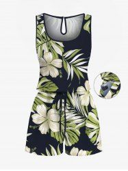 Combinaison hawaïenne grande taille à imprimé feuilles tropicales et fleurs d'hibiscus avec cordon de serrage et poches - Noir M
