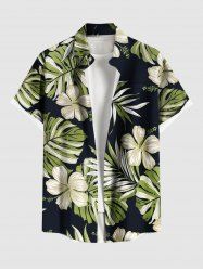 Plus Size Tropical Leaf Hibiscus Flower Print Hawaii Button Pocket Shirt For Men -  