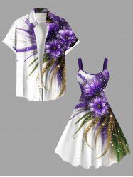 Tenue de plage hawaïenne assortie grande taille à imprimé fleurs et feuilles pailletées pour couples - Blanc 