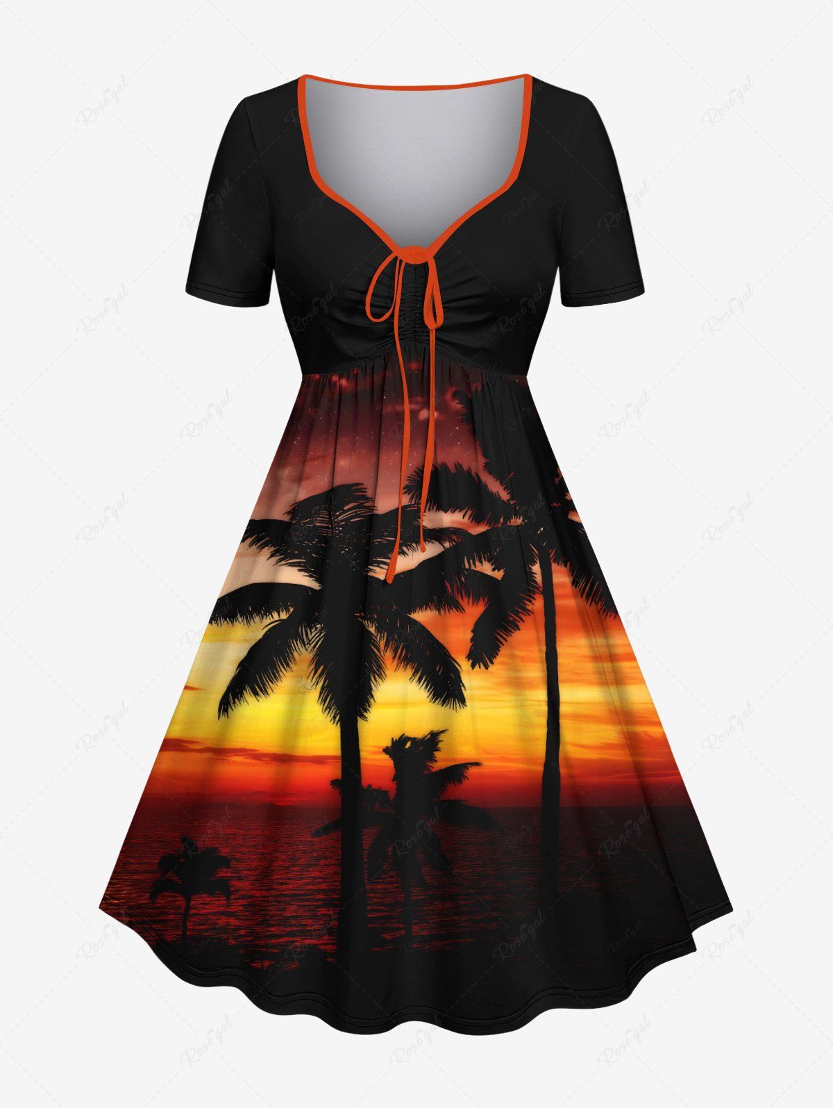 Trendy Plus Size Coconut Tree Ombre Dusk Print Hawaii Cinched A Line Dress  