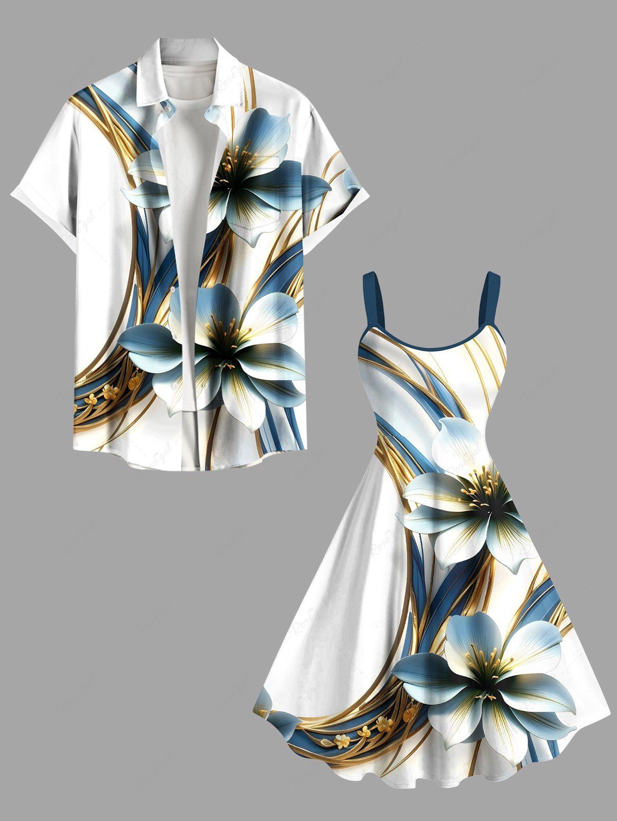 Affordable Flowers Geometric Pattern Metallic Print Plus Size Matching Hawaii Beach Outfit For Couples  