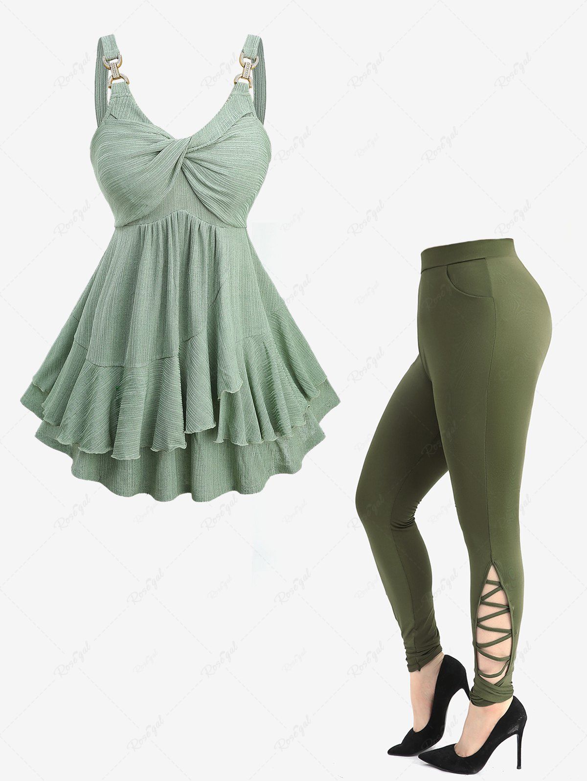 Unique Twist Ruffles Textured Tank Top and Hollow Out Crisscross Side Skinny Leggings Plus Size Outfit  