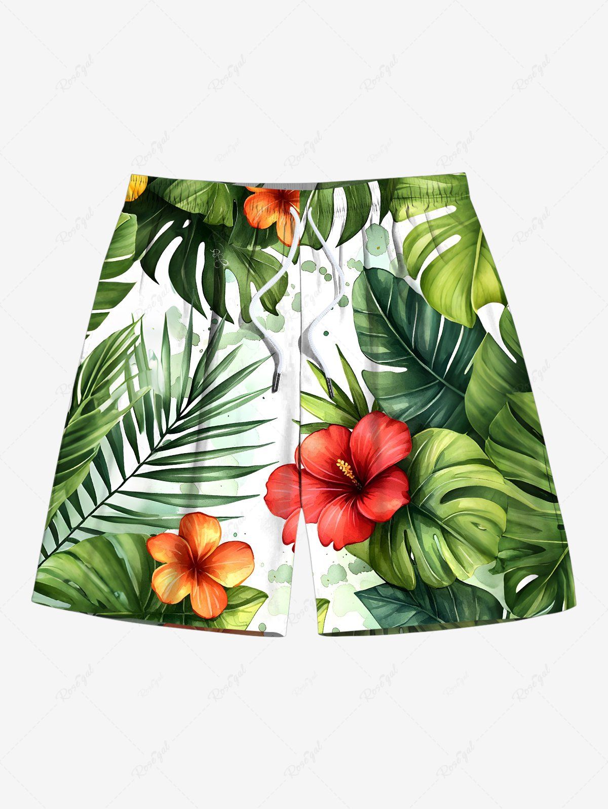 Hot Plus Size Tropical Leaf Hibiscus Flower Print Hawaii Drawstring Beach Shorts For Men  