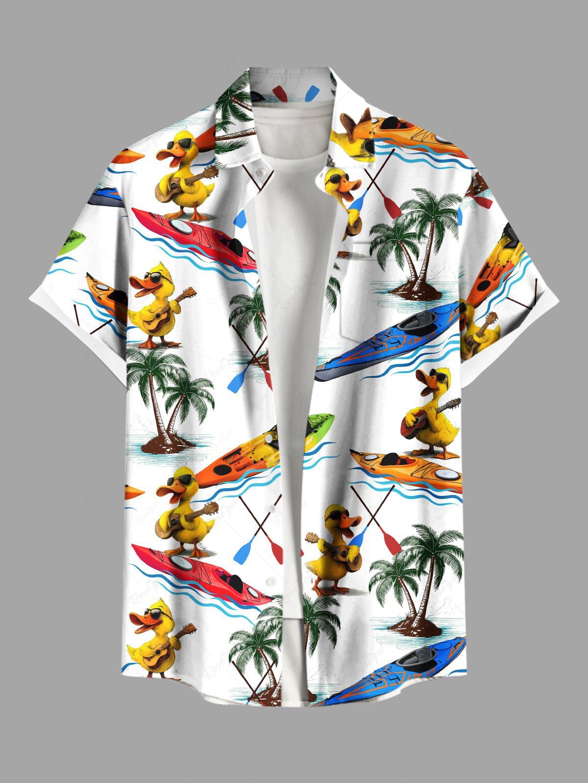 Chemise hawaïenne grande taille à imprimé cocotier, canard, voilier et mer, avec poches boutonnées pour homme Blanc 3XL