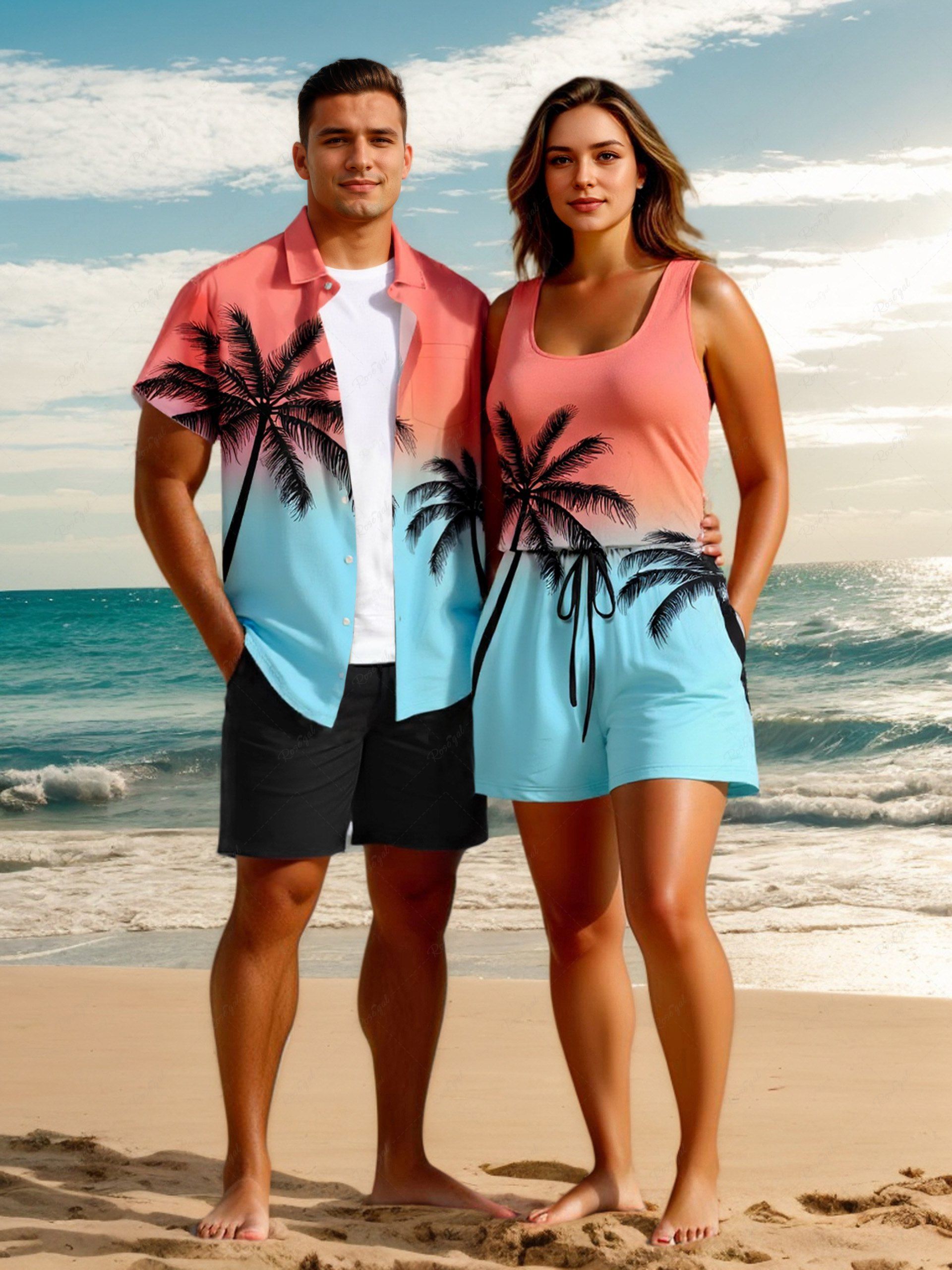 Unique Matching Hawaii Shirt and Romper Plus Size Beach Outfit Coconut Tree Ombre Colorblock Print for Couples  