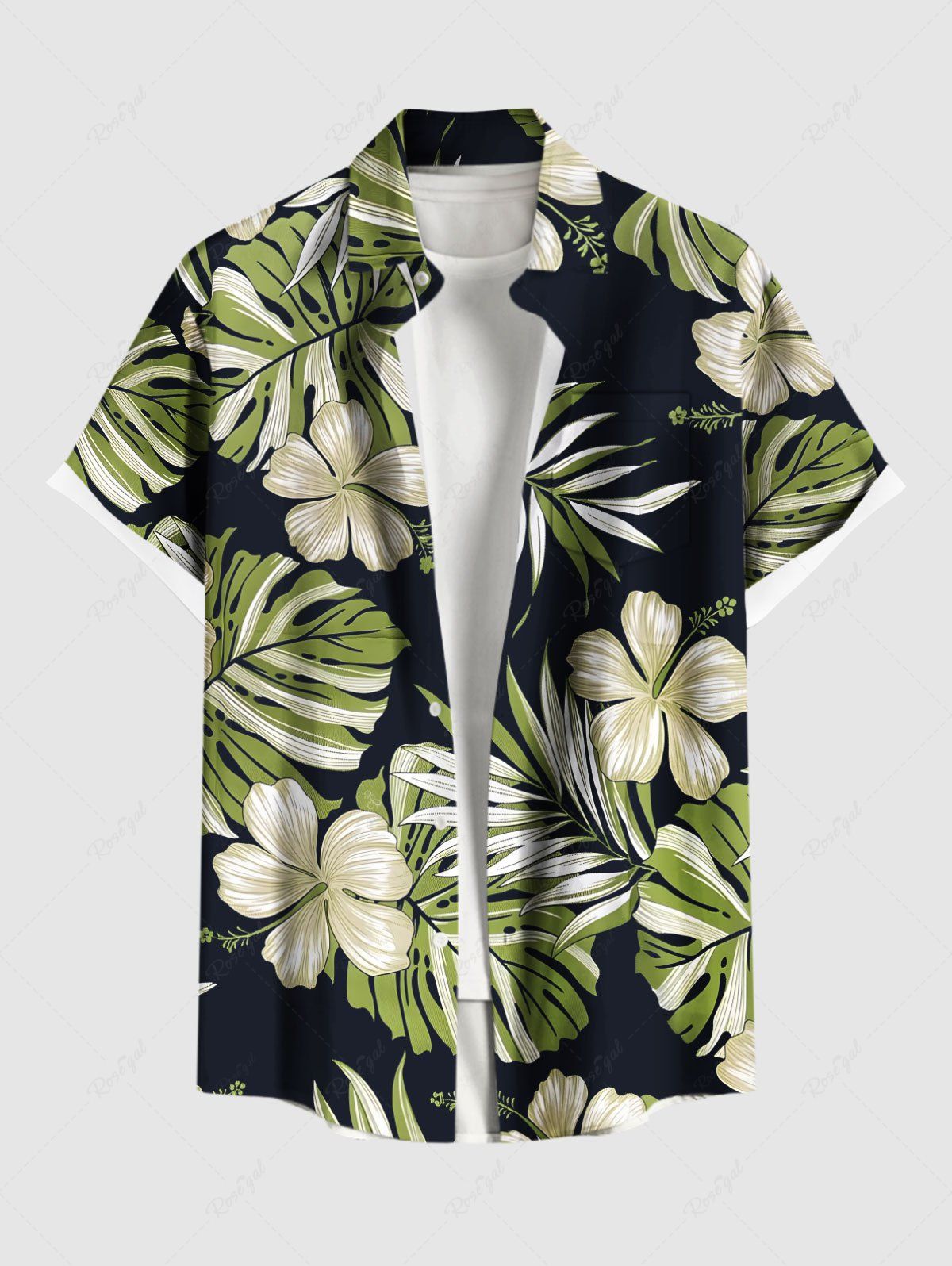 Chemise hawaïenne grande taille à imprimé feuilles tropicales et fleurs d'hibiscus pour homme Noir 3XL