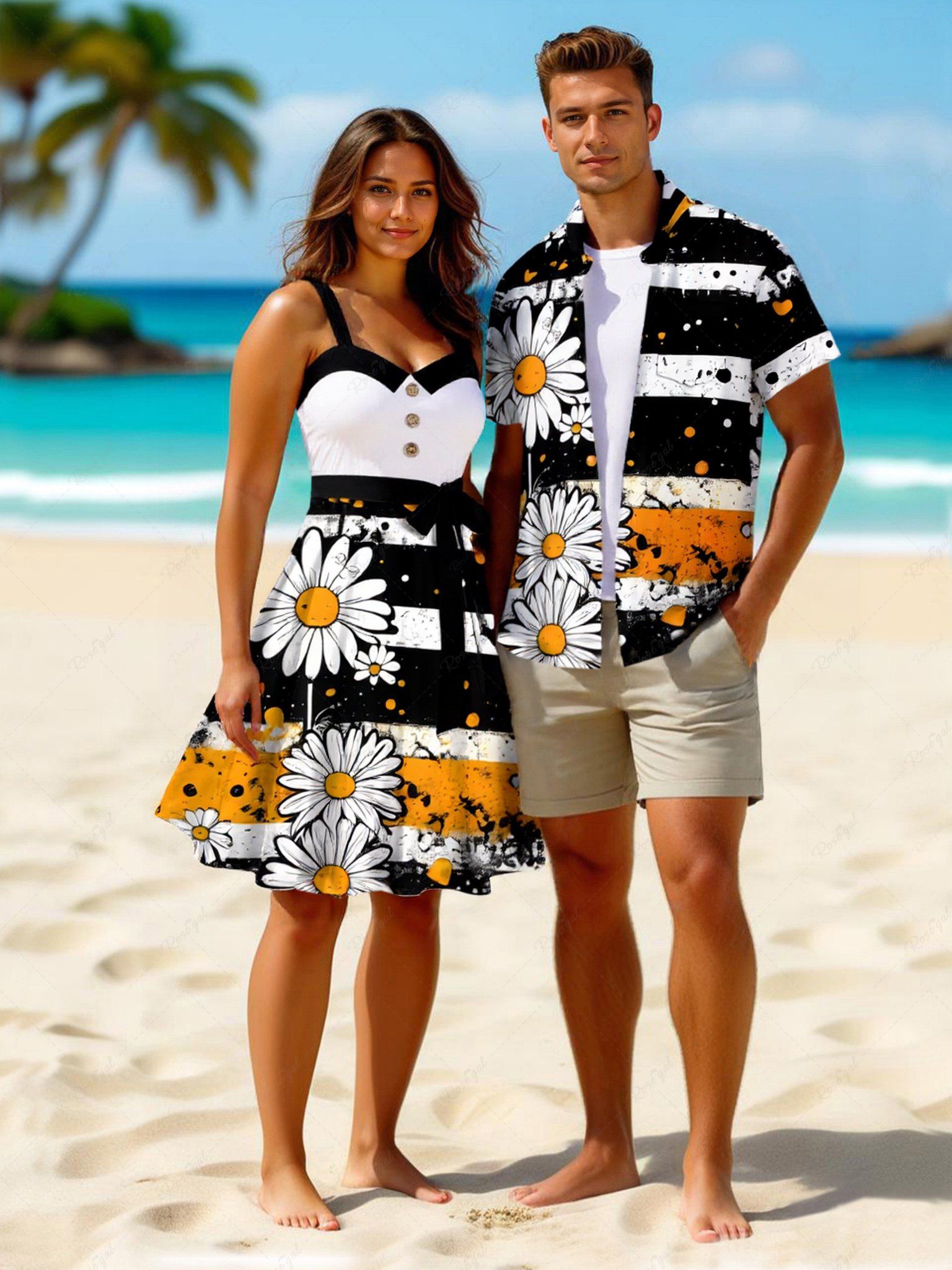 Cheap Daisy Flower Ink Painting Striped Print Plus Size Matching Hawaii Beach Outfit For Couples  