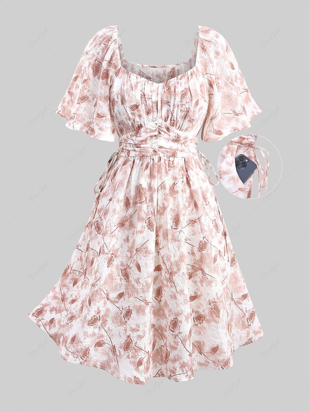 Robe de Laitière Evasée Fleur Feuille Imprimées avec Poches de Grande Taille à Volants Rose clair 5x | US 30-32