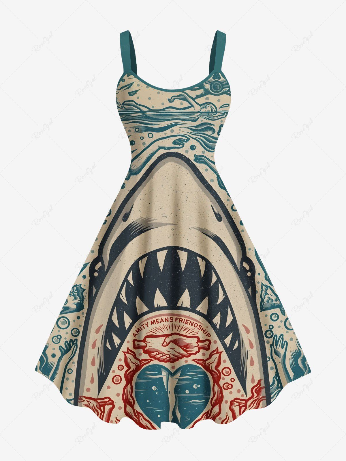Chic Plus Size Shark Heart Skulls Diver Print Hawaii Tank Dress  