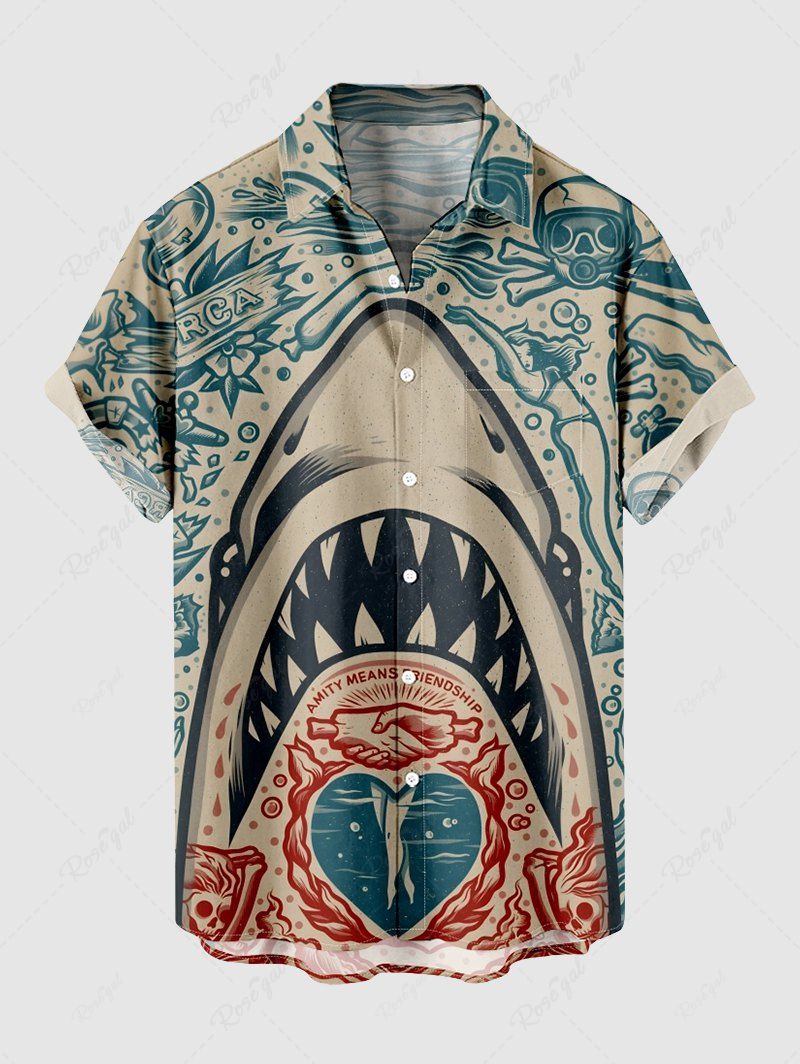 Best Plus Size Shark Heart Skulls Diver Print Buttons Pocket Hawaii Shirt For Men  