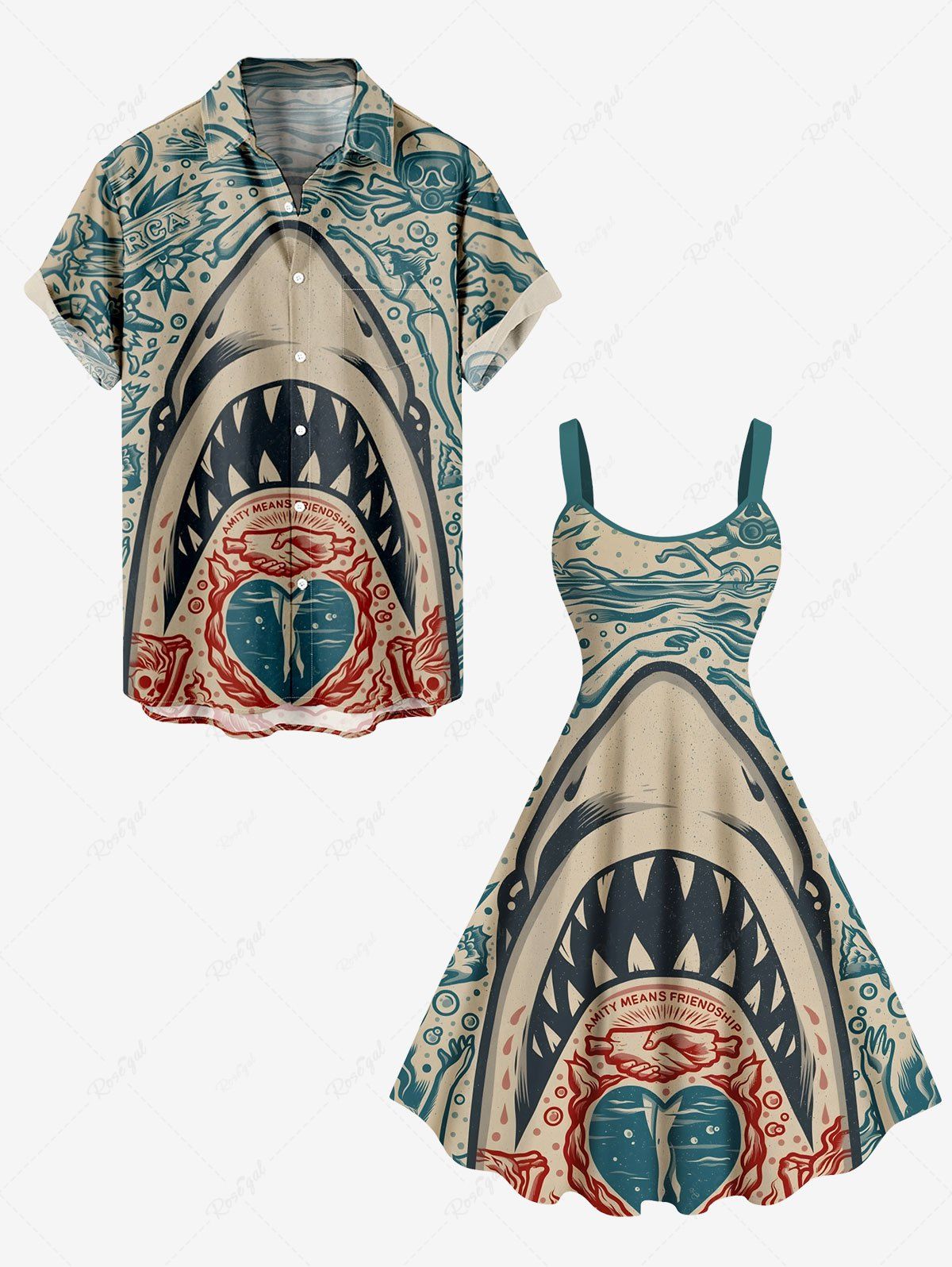 Best Shark Heart Skulls Diver Print Plus Size Matching Hawaii Beach Outfit For Couples  