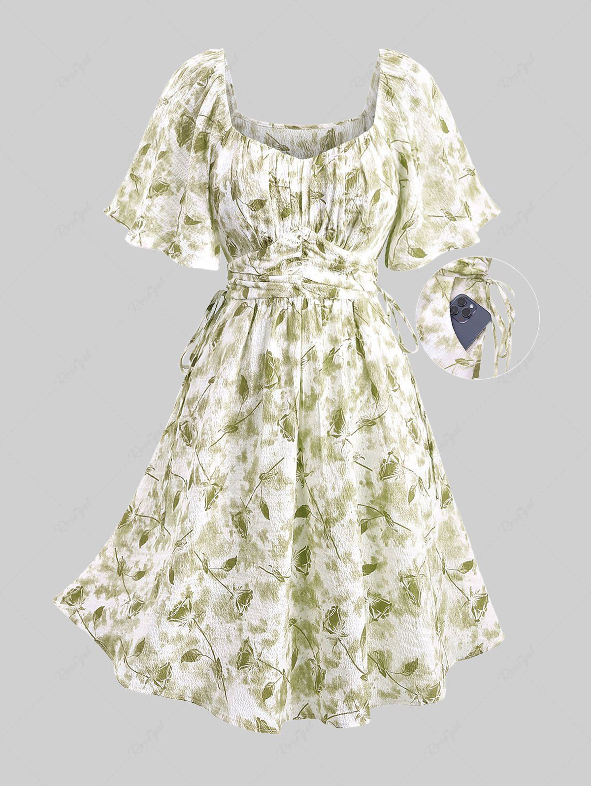 Cheap Plus Size Tie Dye Flowers Leaf Print Ruched Cinched Pockets Milkmaid Dress  