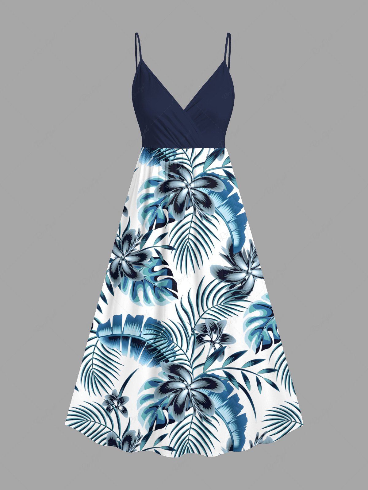 Robe camisole hawaïenne à imprimé feuilles tropicales et fleurs grande taille Bleu XXS