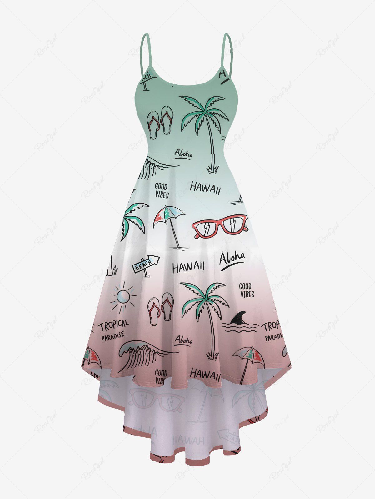 Robe camisole hawaïenne grande taille avec lunettes de soleil et parapluie, motif cocotier, vagues de la mer, imprimé ombré, taille haute et basse Vert 6X