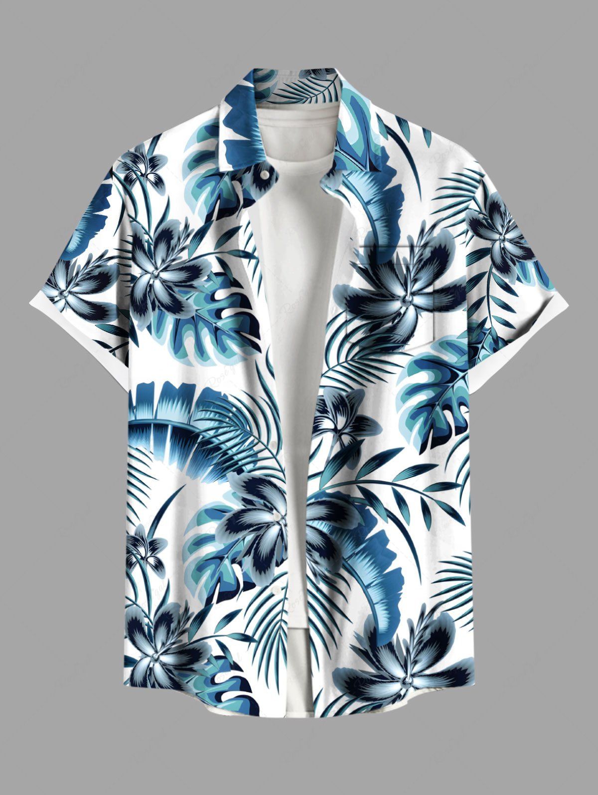 Store Plus Size Flowers Tropical Leaf Print Buttons Pocket Hawaii Shirt For Men  