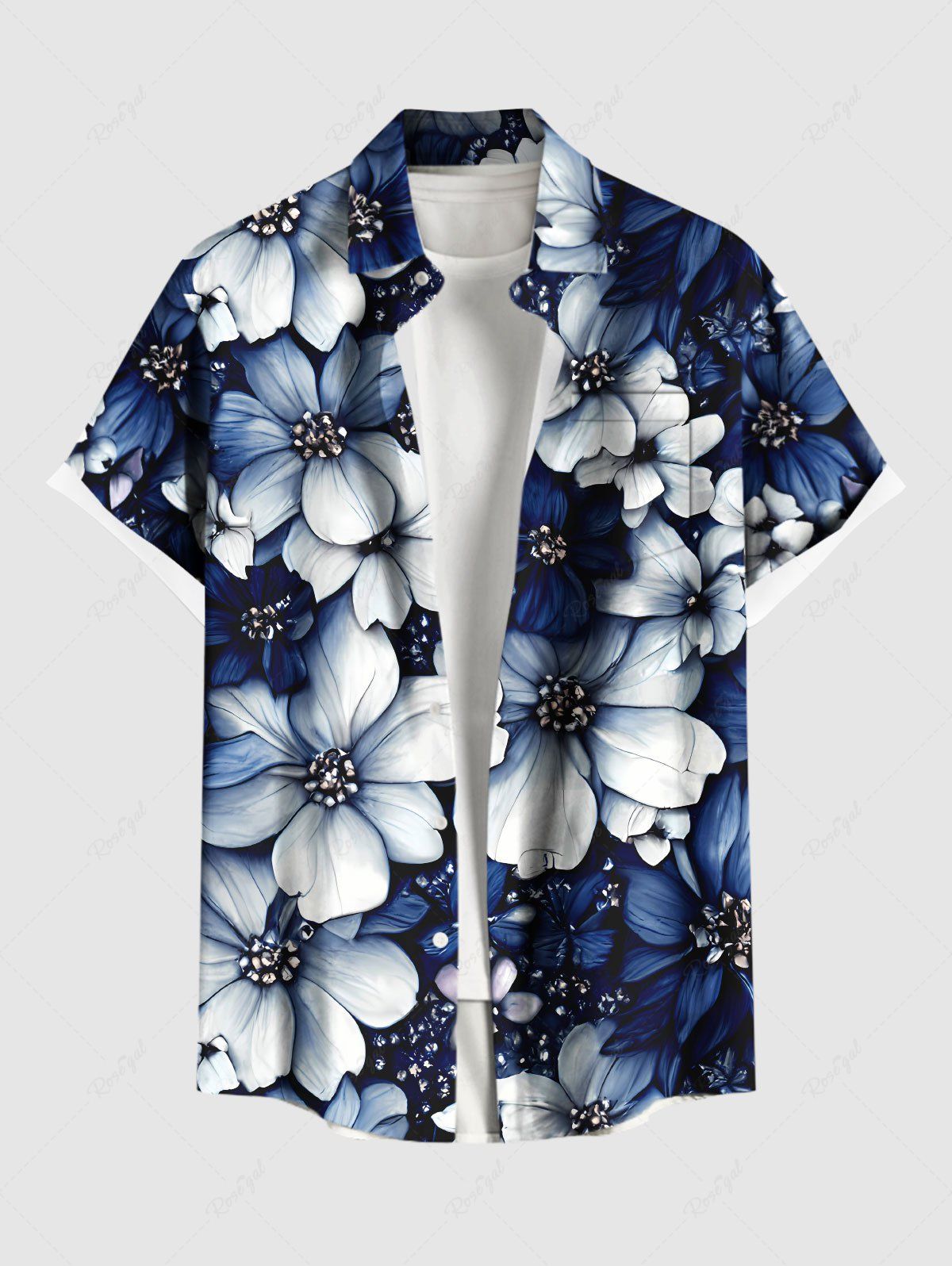 Chemise hawaïenne grande taille à imprimé floral et poches boutonnées pour homme Bleu 4XL