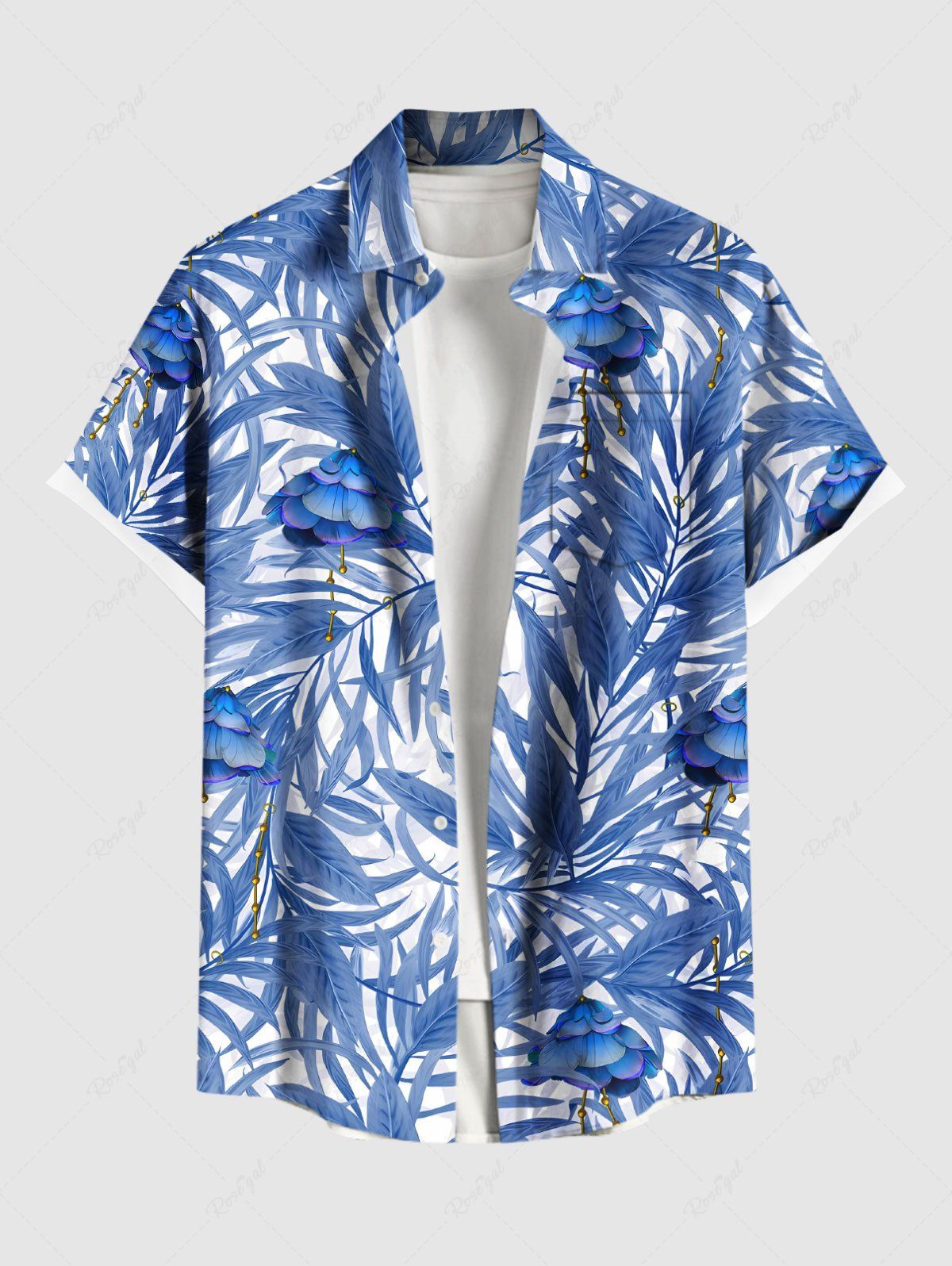 Chemise hawaïenne grande taille à imprimé feuilles tropicales et fleurs, avec poches et boutons, pour homme Bleu 4XL