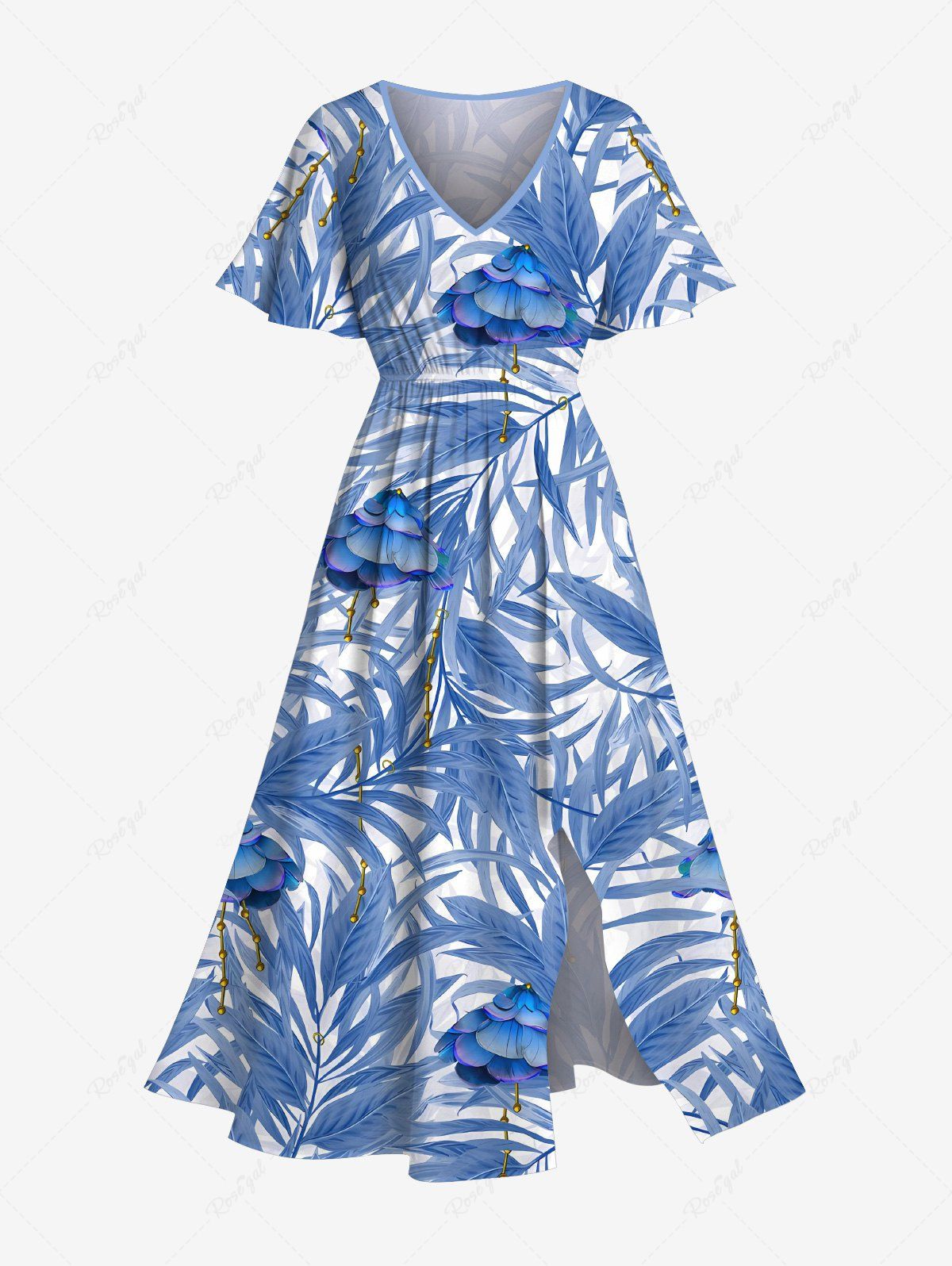 Robe mi-longue hawaïenne fendue à imprimé feuilles tropicales et fleurs grande taille Bleu Ciel 6X