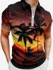 Plus Size Coconut Tree Ombre Dusk Print Hawaii Half Zipper Turn-down Collar Polo Shirt For Men -  